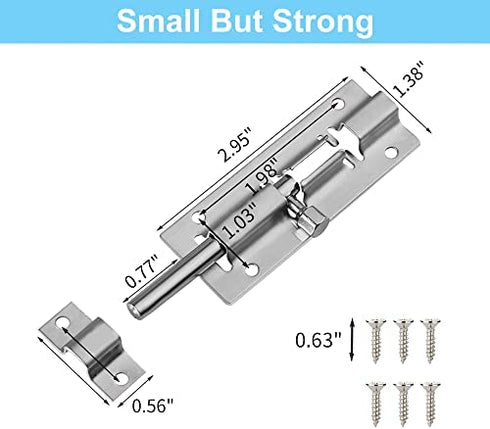 FATLODA 2 Pack Barrel Bolt Latch, Slide Bolt Latch 3 Inches Slide Latch Lock, Thickened Stainless Steel Sliding Lock for Door, Brushed Finish Sliding Bolt Lock, Sliding Bolt Latch with 12PCS Screws