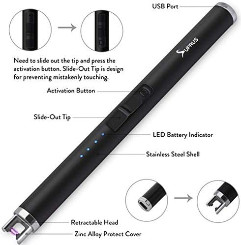 SUPRUS Lighter Electric Lighter Candle Lighter USB Type C Rechargeable Lighter with Upgraded LED Battery Display Safety Switch Flameless Plasma Windproof for Candle Cooking BBQs Fireworks