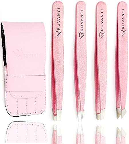 Ruvanti-4 Piece Professional Stainless Steel Tweezers Set - Eyebrow Tweezers, Slant tip, Pointed & Straight Best Precision Tweezers for Facial & Ingrown Hairs,Splinter & Hair Removal Tweezers (Pink)