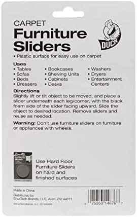 Duck Brand 284857 Plastic Carpet Furniture Sliders, 3.5 inch Width, Round, 4 Pack