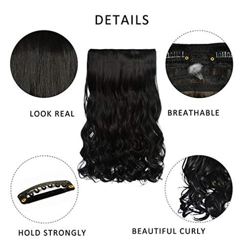 REECHO 20" 1-Pack 3/4 Full Head Curly Wave Clips in on Synthetic Hair Extensions Hairpieces for Women 5 Clips 4.5 Oz per Piece - Natural Black