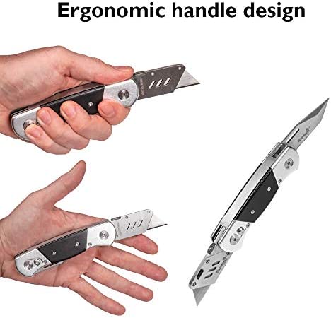 Heavy Duty Folding Utility Knife Dual Blade/Box Cutter with Leather Sheath + 5 SK5 Blades (Professional Grade)