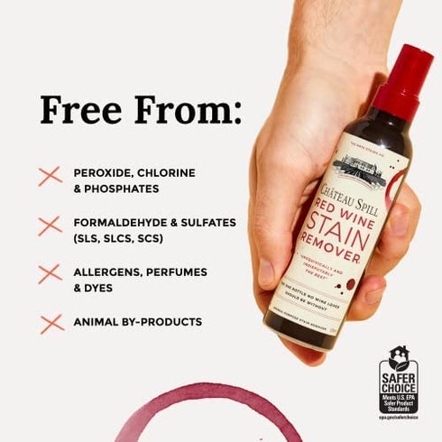CHATEAU SPILL Red Wine Stain Remover for Clothes – 4oz Safe Stain Remover Spray for Stubborn Stains - Cleaner Wipes Away New and Set on Tablecloth, Garment, Carpet, Upholstery and Laundry