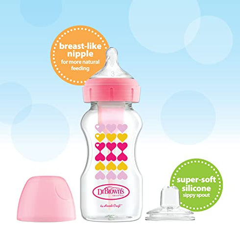Dr. Brown’s Natural Flow® Anti-Colic Options+™ Wide-Neck Sippy Bottle Starter Kit, 9oz/270mL, with Level 3 Medium-Fast Flow Nipple and 100% Silicone Soft Sippy Spout, Pink, 6m+