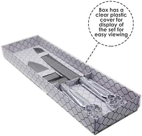 Silver Double Heart Wedding Cake Serving Set - Silver Wedding Cake Knife Set