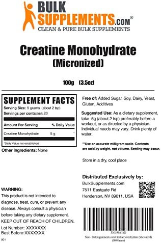 BULKSUPPLEMENTS.COM Creatine Monohydrate Powder (Micronized Creatine), Creatine Powder - Unflavored, Pure, No Filler Powder - 5g (5000mg) per Serving, 20 Servings (100 Grams - 3.5 oz)