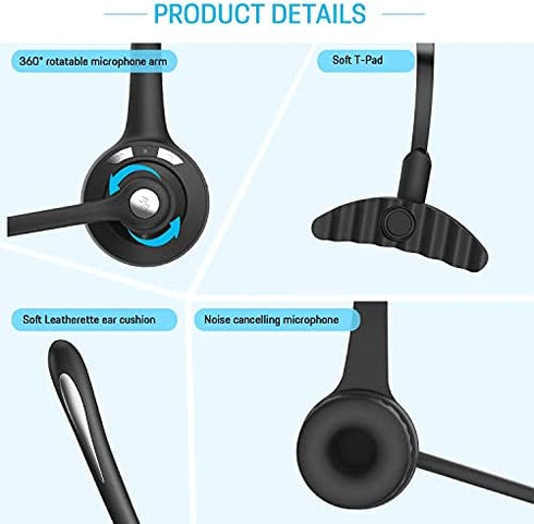 TURN RAISE Truck Headset, Wireless Headphone with Mic, Over-The-Head Driver Headset, Noise Cancel Cell Phone Wireless Headset, Suit for Office Truck Skype