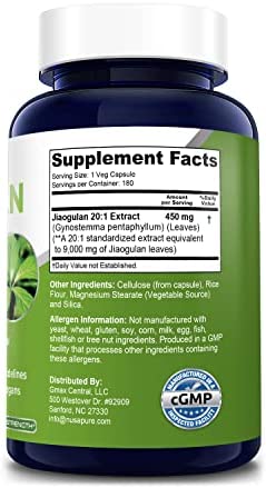 Jiaogulan 9000 mg 180 Veggie Capsules (Extract 20:1, Vegetarian, Non-GMO & Gluten-Free) Gynostemma Pentaphyllum