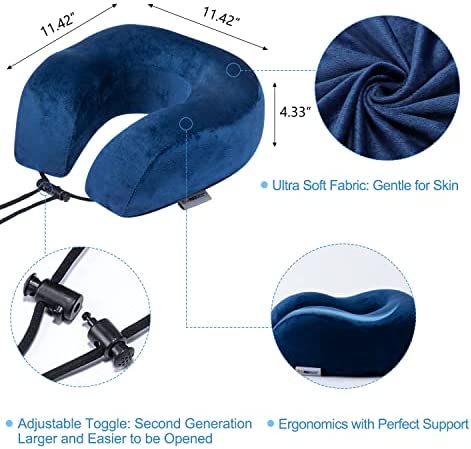 SAIREIDER Travel Pillow 100% Memory Foam Airplanes Neck Pillows -Prevent The Heads from Falling Forward Travel Neck Pillows with Sleep Mask and Earplugs (Navy Blue)