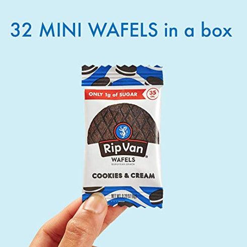 Rip Van Wafels Cookies & Cream Mini Stroopwafels - Low Carb Snacks (3g Net Carbs) - Non GMO Snack - Keto Friendly - Office Snacks - Low Calorie Snack (37 Calories) - Low Sugar (1g) - 32 Pack