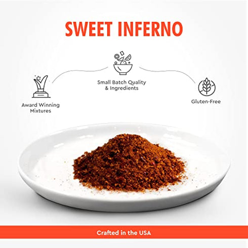 Sweet Inferno Seasoning and Rub | Smoky Sweet Dry Rub Spices for Salmon, Hamburgers, Steak, Chicken, Pork, Brisket, Ribs and Veggies | Rockin' Rubs, 4.5 oz