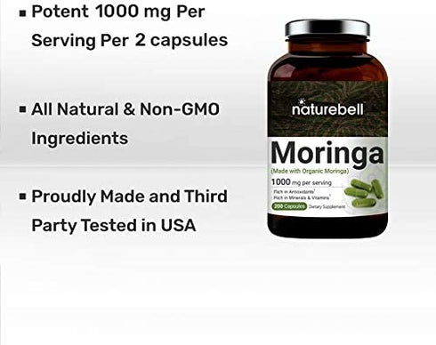 Moringa Capsules (Made with Organic Moringa Powder), 1000mg Per Serving, 200 Counts, Strong Antioxidant to Repair, Protect, Nurture Your Skin Cells and Support Immune System, Non-GMO
