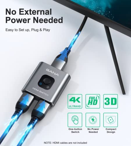 HDMI Switch 4k@60hz Splitter, GANA Aluminum Bidirectional HDMI Switcher 2 in 1 Out, Manual HDMI Hub Supports HD Compatible with Xbox PS5/4/3 Blu-Ray Player Fire Stick Roku (1 Display at a Time)