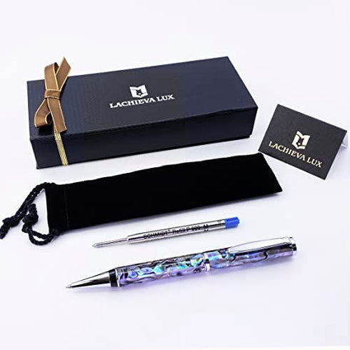LACHIEVA luxury Handcrafted Shell Abalone Metal Ballpoint Pen Compatible with Germany Schmidt P900M Refill, Best Gift for Writing (Blue and Black 2 Refills), Nice Pen for Men & Women and Christmas