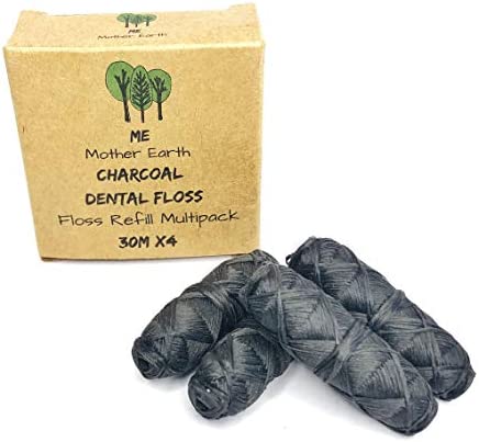 Vegan Biodegradable Bamboo Charcoal Dental Floss Refill Refill | Natural Candelilla Wax | 33yds x4 | Peppermint Essential Oil | Eco Friendly Zero Waste Oral Care | 4 Pack