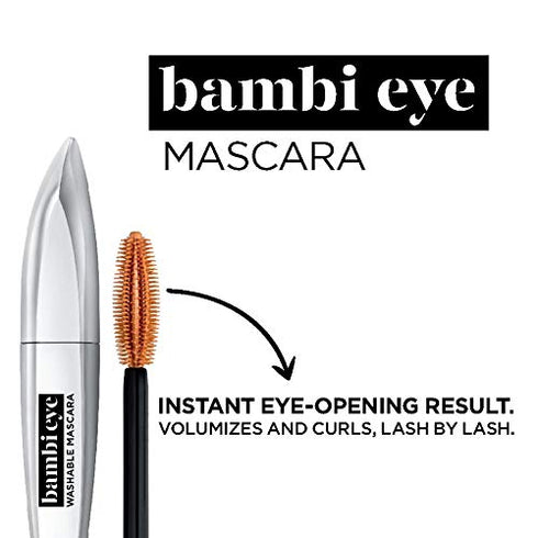 L'Oreal Paris Bambi Eye Washable Mascara, Doe Eyes, Lasting Volume, Length & Lift, Definition, No Clumping, No Smudging, Black, 0.28 Fl. Oz