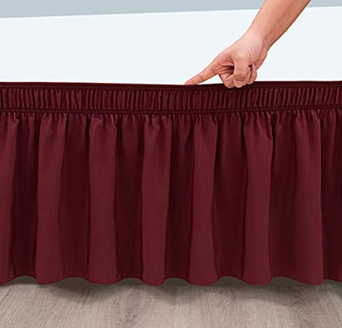 Biscaynebay Wrap Around Bed Skirts for King & Cal King Beds 15 Inches Drop, Burgundy Elastic Dust Ruffles Easy Fit Wrinkle & Fade Resistant Silky Luxurious Fabric Solid Machine Washable