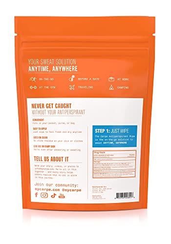 Carpe Antiperspirant Underarm Wipes for Sweat Blocking, Deodorizing, and Cleansing When You’re On the Move - 15 Residue Free, Individually Wrapped Wipes - Clean and Refreshing Scent