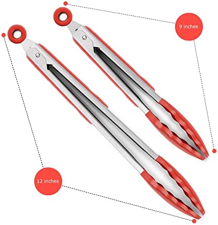 Set of 2 Kitchen Tongs 9-Inch & 12-Inch, Premium Stainless Steel BPA Free Silicone Non-Stick Grilling Barbeque Cooking Locking Food Tongs, Red