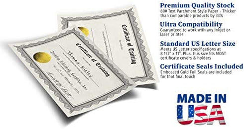 Certificate of Training Certificate Paper with Embossed Gold Foil Seals - 30 Pack - Parchment Award Certificates for Students, Teachers, Employees - 8.5" x 11" Inkjet/Laser Printable