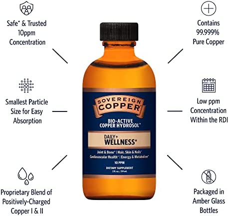 Sovereign Copper Bio-Active Copper Hydrosol, Daily+ 4-in-1 Wellness Supplement for Joint and Bone*, Hair, Skin and Nails*, Cardiovascular Health* and Energy and Metabolism Support*, 2oz