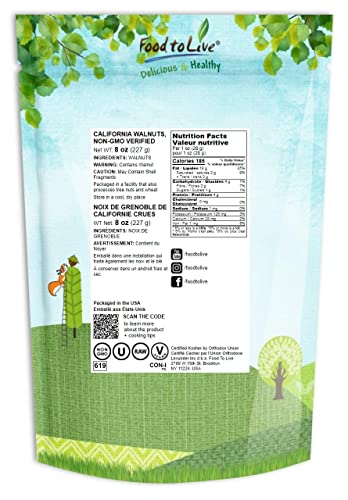 California Walnuts Halves & Pieces, 8 Ounces – Non-GMO Verified, Raw, Unsalted, Shelled, Vegan, Kosher, Sirtfood, Bulk. Rich in Omega-3 Fatty Acids, Protein. Great for Baking, Snacking, as a Topping.