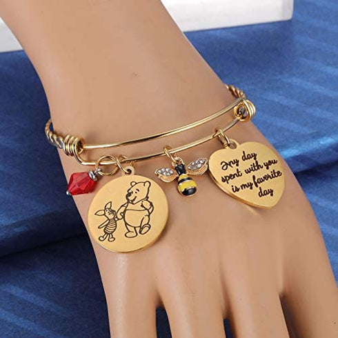 Classic Pooh Bear and Piglet Quote Any Day Spent with You is My Favorite Day Friendship Honey Bee Charm Gold Bangle Bracelet for Women