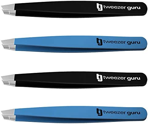 Tweezers Set - Tweezer Guru Stainless Steel Slant Tip Eyebrow Tweezers Set - Great Precision for Facial Hair, Ingrown Hair, Blackhead and Splinter Remover (4-Pack)