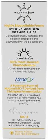 Vegan A-D-K “Full Spectrum" Drops for Best Absorption | 5 Drops Contain: 1,507 mcg Micellized A; 5,000 iu D3 "pureshine"; 500mcg vit K2 (MK4) & 180mcg vit K2 (MK7) "MenaQ7" | Tasteless & Odorless