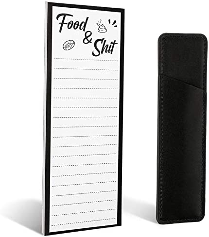 Magnetic List Notepad Funny Grocery List Pad Magnet Refrigerator Notepad with Fridge Pen Holder Magnetic Faux Leather Marker Pouch for Refrigerator, to Do Lists (Black, White,Simple Style)
