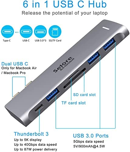 USB C Adapter for MacBook Pro/MacBook Air M1 2020 2019 2018 13" 15" 16", 6 in 1 USB-C Hub MacBook Pro Accessories with 3 USB 3.0 Ports,USB C to SD/TF Card Reader and 100W Thunderbolt 3 PD Port