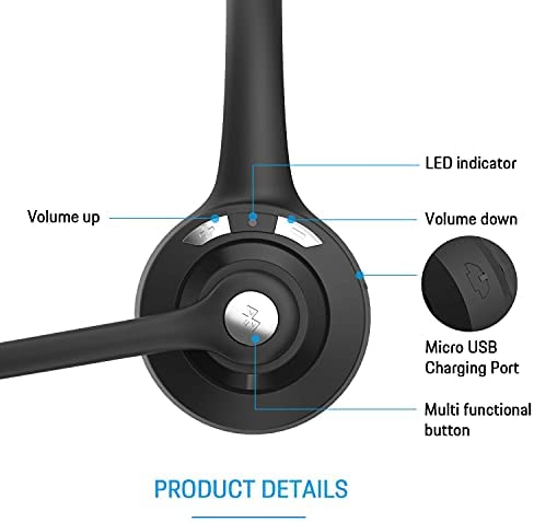 TURN RAISE Truck Headset, Wireless Headphone with Mic, Over-The-Head Driver Headset, Noise Cancel Cell Phone Wireless Headset, Suit for Office Truck Skype