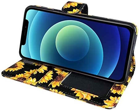J.west Sunflower Wallet Case Compatible with iPhone 12 Pro Max 6.7", Yellow Vintage Floral Magnetic Leather Stand Wrist Strap 4 Card Holder ID Slots Pocket Flip Phone Case Cover for Women Girls