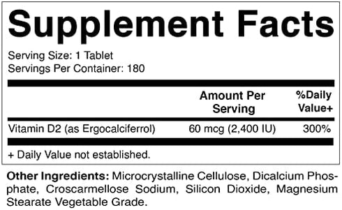 Vitamatic Vitamin D2 60 mcg (2400 IU) - Ergocalciferol - 180 Vegetarian Tablets (180 Tablets (Pack of 1)) (1 Bottle)