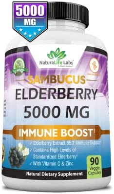 Sambucus Elderberry 5,000 mg Super Concentrated 65:1 with Vitamin C & Zinc - Sambucus Extract Immune Support, Immune Defense| Non-GMO | 90 Veggie Capsules