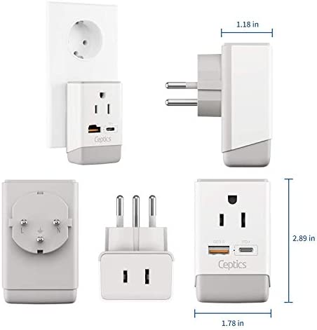 Ceptics Israel Power Adapter, QC 3.0 & PD, Safe Dual USB & USB-C - 2 USA Socket Compact & Powerful - Use in Jerusalem, Holy Land, Palestine, Gaza Strip - Type I AP-14- Fast Charging