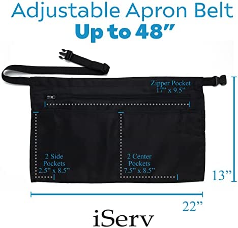iServ 5 Pockets Black Waist Apron (22x13 inches). Clip-on Server Apron with Zipper pocket. Restaurant Half Aprons Waitress, Waiter, Server, Bartender, Barista, Money Apron, Check Holder, Organizer