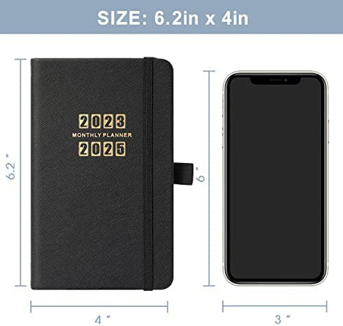 2023-2025 Pocket Planner - Monthly Pocket Planner (36-Month) with 60 Notes Pages, Jan. 2023 - Dec. 2025, 6.2" x 4", 3 Year Monthly Planner with Contacts, Holidays and Pen Holder, Back Pocket - Black