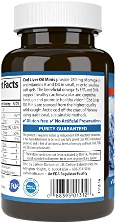 Carlson - Cod Liver Oil Minis, 280 mg Omega-3s + Vitamins A & D3, Heart Support & Cognitive Function, Vision Health, 250 Mini Soft Gels