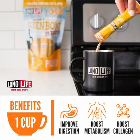 LonoLife - Reduced Sodium Chicken Bone Broth Sticks - 10g Collagen Protein - Gluten-Free - Keto & Paleo Friendly - Portable Individual Packets - 4 count