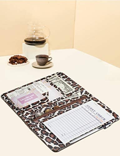 Zreal Server Book for Waitress, 5 X 9 Leopard Serving Books with Zipper Pouch, Magnetic Closure Pocket with High Volume, Cute Waitress Book Organizer with Money Pocket Fit Server Apron (Light Leopard)