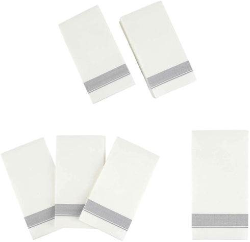 PARTY BARGAINS Disposable Linen-feel Paper Guest Towels - (100 Pack) 13" x 16" White w/Silver Print Cloth-like Paper Hand Towels for Bathroom, Soft, Durable Paper Napkins for Dinner, Wedding & Party
