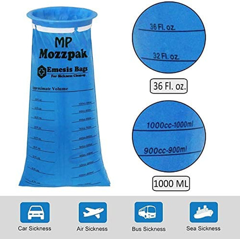 MP MOZZPAK Vomit Bags – 24 Pack – 1000ml Emesis Bags – Leak Resistant, Medical Grade, Portable, Disposable Barf Bags, Puke, Throw Up, Nausea Bags for Travel Motion Sickness, Car & Aircraft, Kids, Taxi
