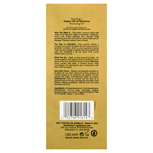 OGX Renewing + Argan Oil of Morocco Penetrating Hair Oil Treatment, Moisturizing & Strengthening Silky Hair Oil for All Hair Types, Paraben-Free, Sulfated-Surfactants Free, 3.3 fl oz