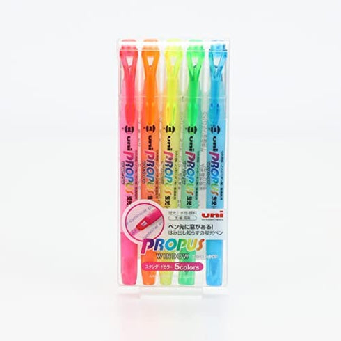 uni Propus Window Double-Sided Highlighter Pen with 4.0 mm/0.6 mm Twin Tip, 5 Color Set (PUS102T5C)