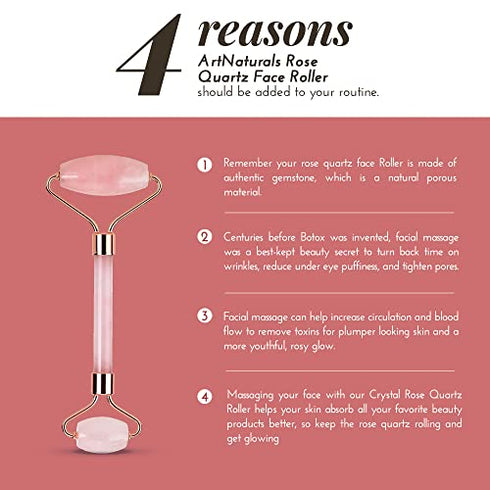 artnaturals Rose Quartz Facial Roller - Pink Face Jade Roller for Natural Anti Aging Ice Facial Massager - Real Authentic Crysal Quartz Gemstone for Wrinkles and Puffiness Relief - Cold Stone Massage (1 Count (Pack of 1))