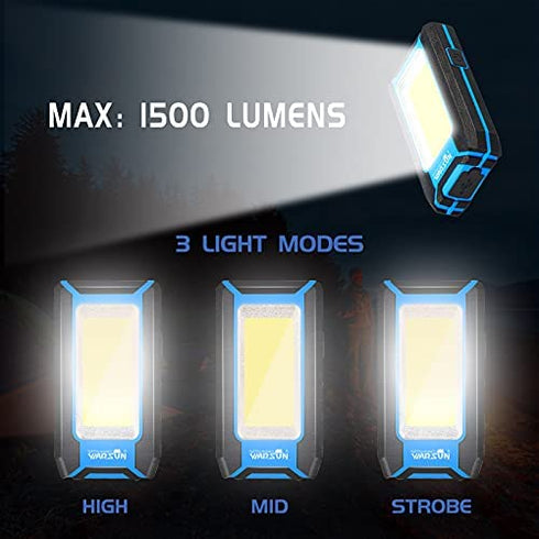 WARSUN LED Work Light Rechargeable, Magnetic COB Portable Worklights, 40w 1500 Lumens,Metal Hanging Hook 3 Lighting Modes, Job Site Lighting for Car Repairing,Camping,Hunting (Blue)