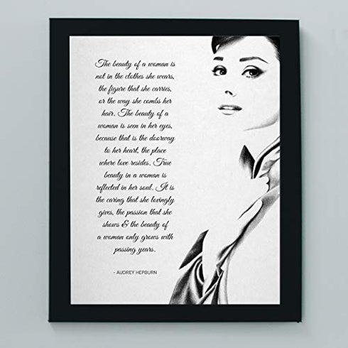 "The Beauty of a Woman"-Audrey Hepburn Quotes- 8 x 10" Inspirational Wall Art. Typographic Poster Print with Silhouette Image-Ready to Frame. Home-Office-Studio-Salon Decor. Reminder of True Beauty!