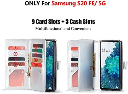 Varikke Samsung S20 FE Case Wallet, Case for Samsung S20 FE 5G with 9 Card Holders & Magnetic Detachable Cover & Kickstand & Lanyard Strap Glitter PU Leather Folio Flip Case for Galaxy S20 FE, Silver