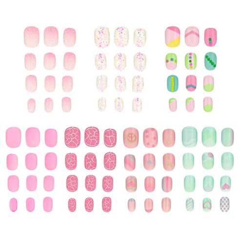 Expressions Girl 7 Day Manicure Collection - 84PC Press On Nail Set, Day-of-The-Week Adhesive False Nails for Girls (Set of Brights or Pastels) – Colorful Novelty Designs Stick On Nails for Kids